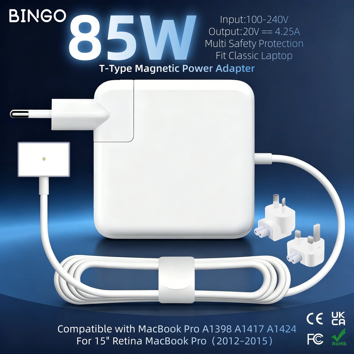 85W T-Type Magnetic Laptop Charger Power Adapter A1398 A1417 A1424 CE FCC RoHS UKCA Certified