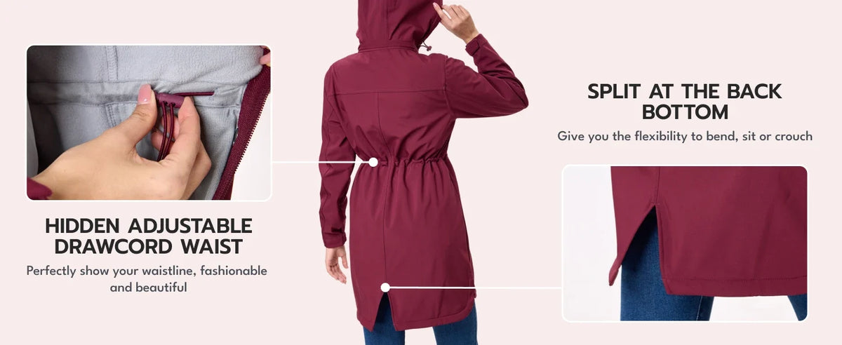 TACVASEN Women's Long Hooded Jacket Fleece Lined Softshell Jacket Waterproof Windproof Hiking Jacket Rain Coat Windbreaker Parka