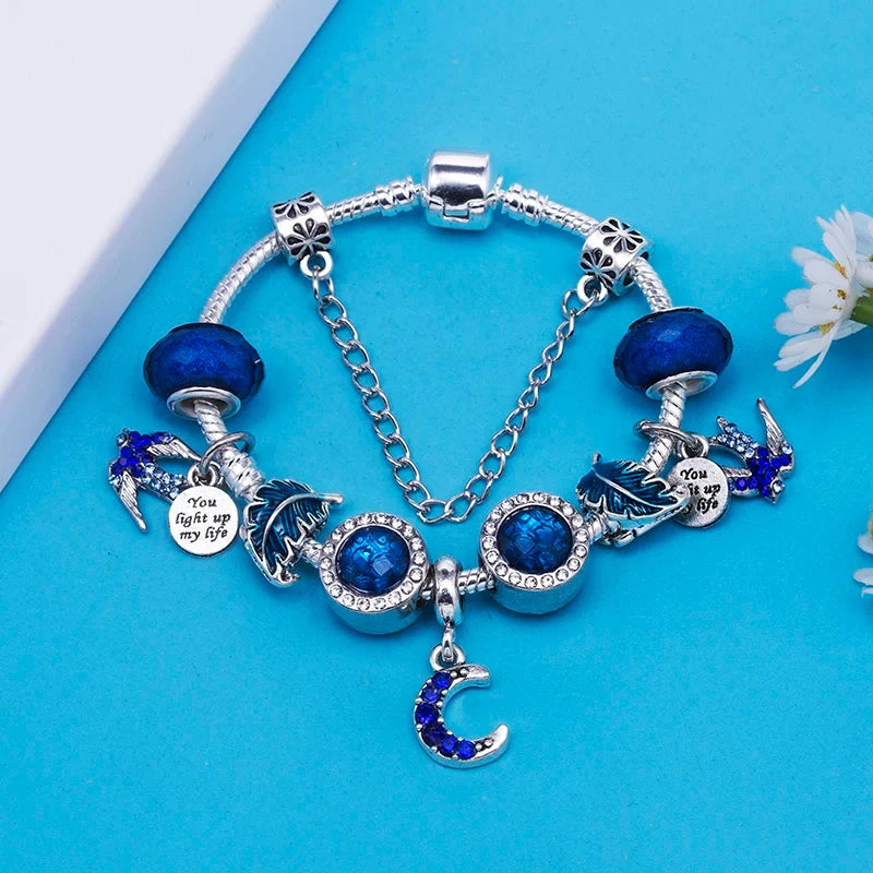 Fashion Silver Plated Shiny Blue Crystal Bead Pendant DIY Charm Bracelets Bangles For Women Girlfriend Jewelry Dropshipping