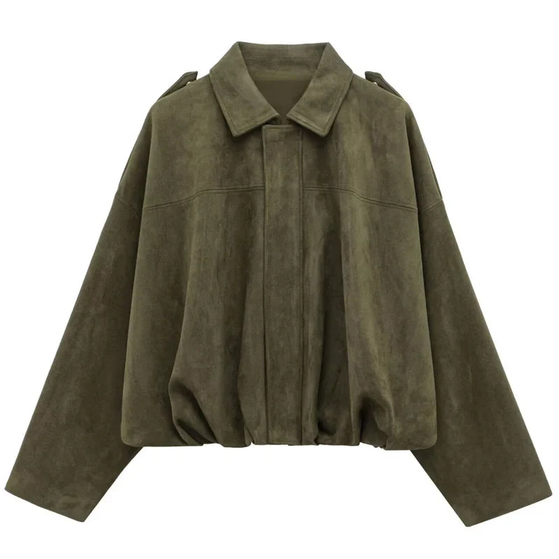 HXAO Women's Bomber Jacket Lapel Long Sleeve Zipper Suede Jacket Women 2025 High Street Cropped Racing Jackets Coats Outerwears