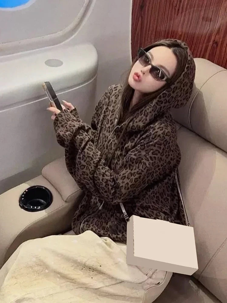 Y2K Leopard Print Hooded Jacket Women Full Zip Drawstring Hood Long Sleeve Loose Fit Streetwear Street Club Ladies Outerwear