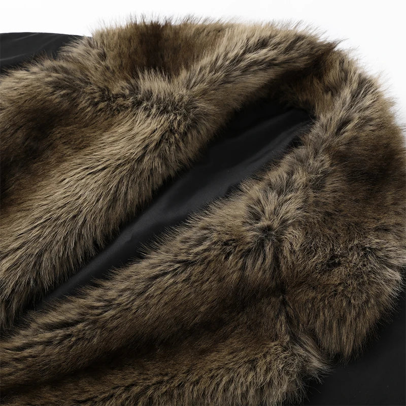 Fashion Faux Fur Patchwork Cotton Coat Women Lapel Zipper Pocket Cropped Street Warm Jacket 2026 Winter Lady Puffer Jackets New