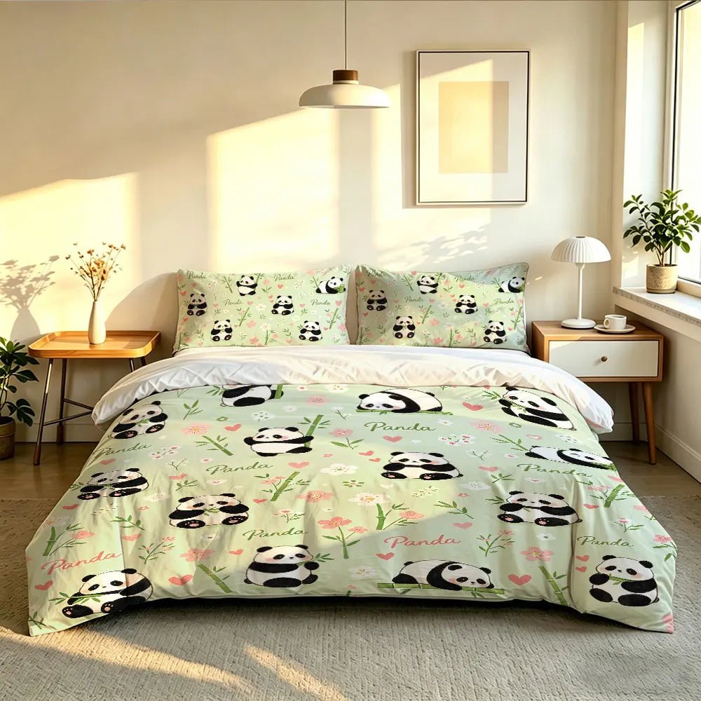 3pcs Cartoon Panda Print Coreless Duvet Cover Cool Summer Lightweight Bedding Set Multi Size Bedroom Bedding Decoration