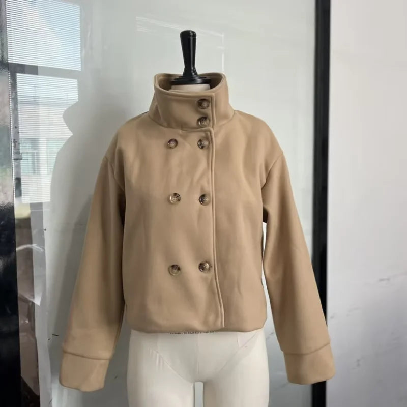 Fashion Short Woolen Coat For Women Stand Collar Full Sleeve Loose Zipper Jacket Female 2025 Spring Autumn Solid Lady Outwear