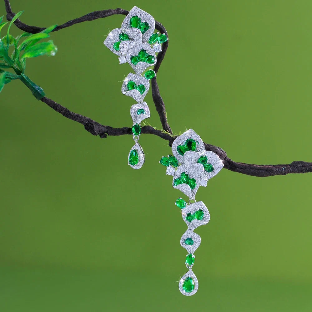 CWWZircons Elegant Green CZ Crystal Flower Water Drop Long Dangle Earrings for Women Beautiful Wedding Party Jewelry Gifts E1159