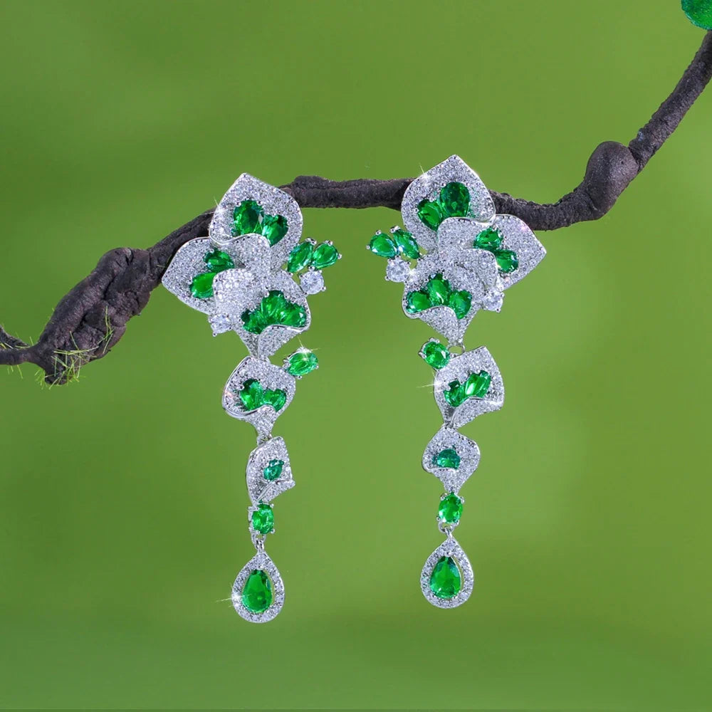 CWWZircons Elegant Green CZ Crystal Flower Water Drop Long Dangle Earrings for Women Beautiful Wedding Party Jewelry Gifts E1159