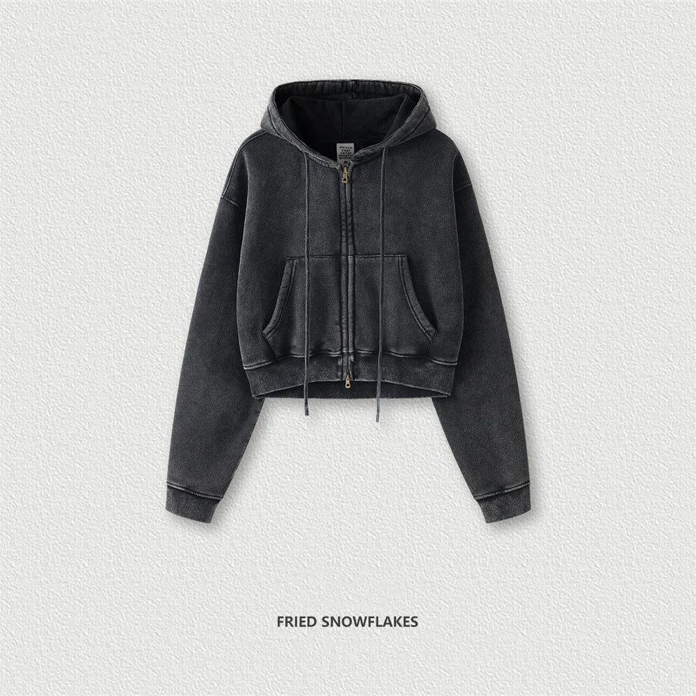ZODF Retro 2025 Winter Women Short Zipper Hoodies Female Girls Loose 355gsm Thick Fleece Hooded Zip-up Coat Streetwears HY0448
