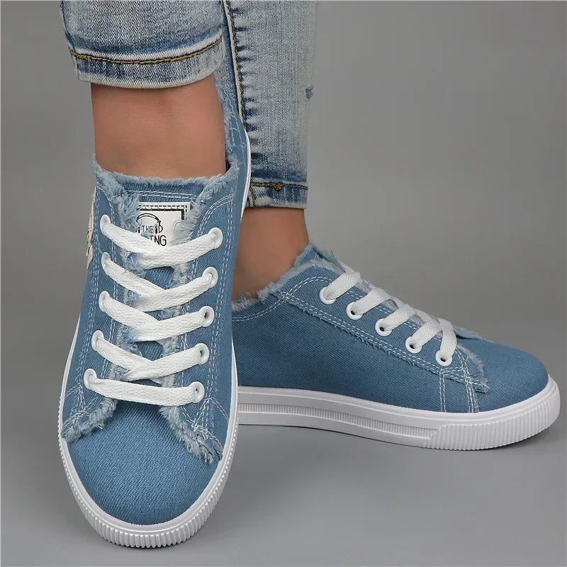 2024 Spring Summer Women Canvas Sneaker Low Top Denim Sneakers Ladies Lace-Up Flat Canvas Board Shoes Female Sapatos Femininos