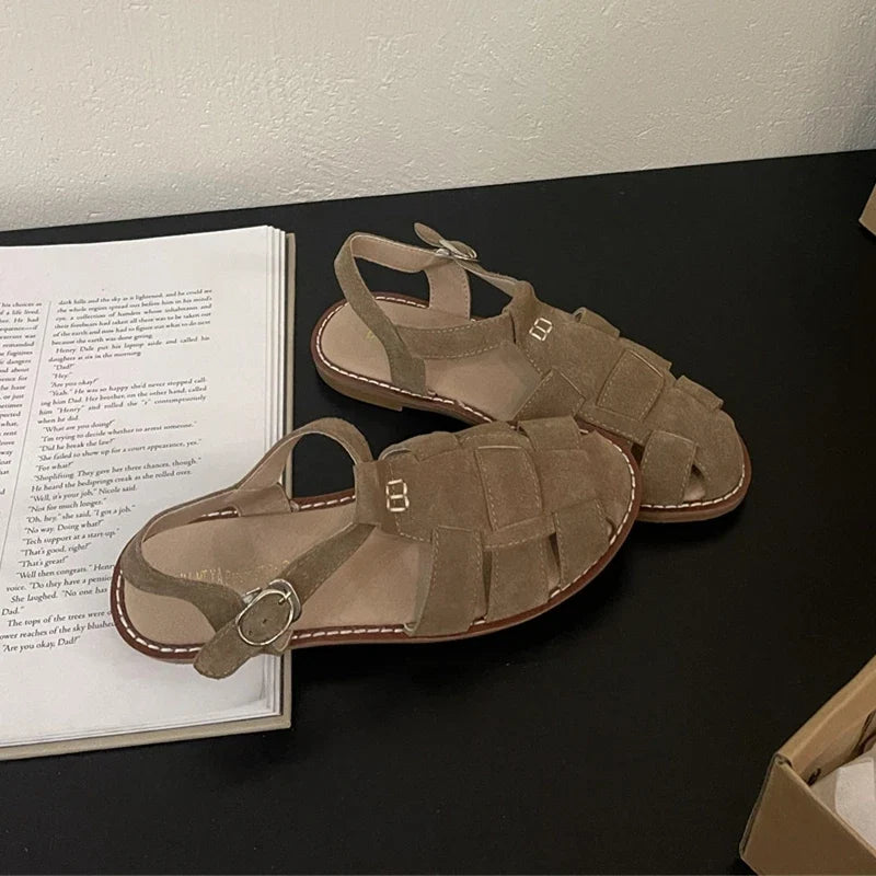 DIMANYU Women's Roman Sandals 2026 Summer New Flat Retro Real Leather Ladies Sandals Hollowed Women's Cage Shoes