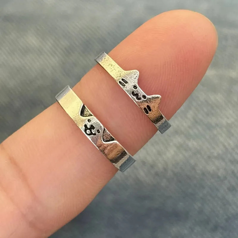 2pcs Simple Design Cute Cat Dog Animal Adjustable Couple Ring for Women Men Cartoon Fashion Couple  Friends Rings Jewelry Gifts