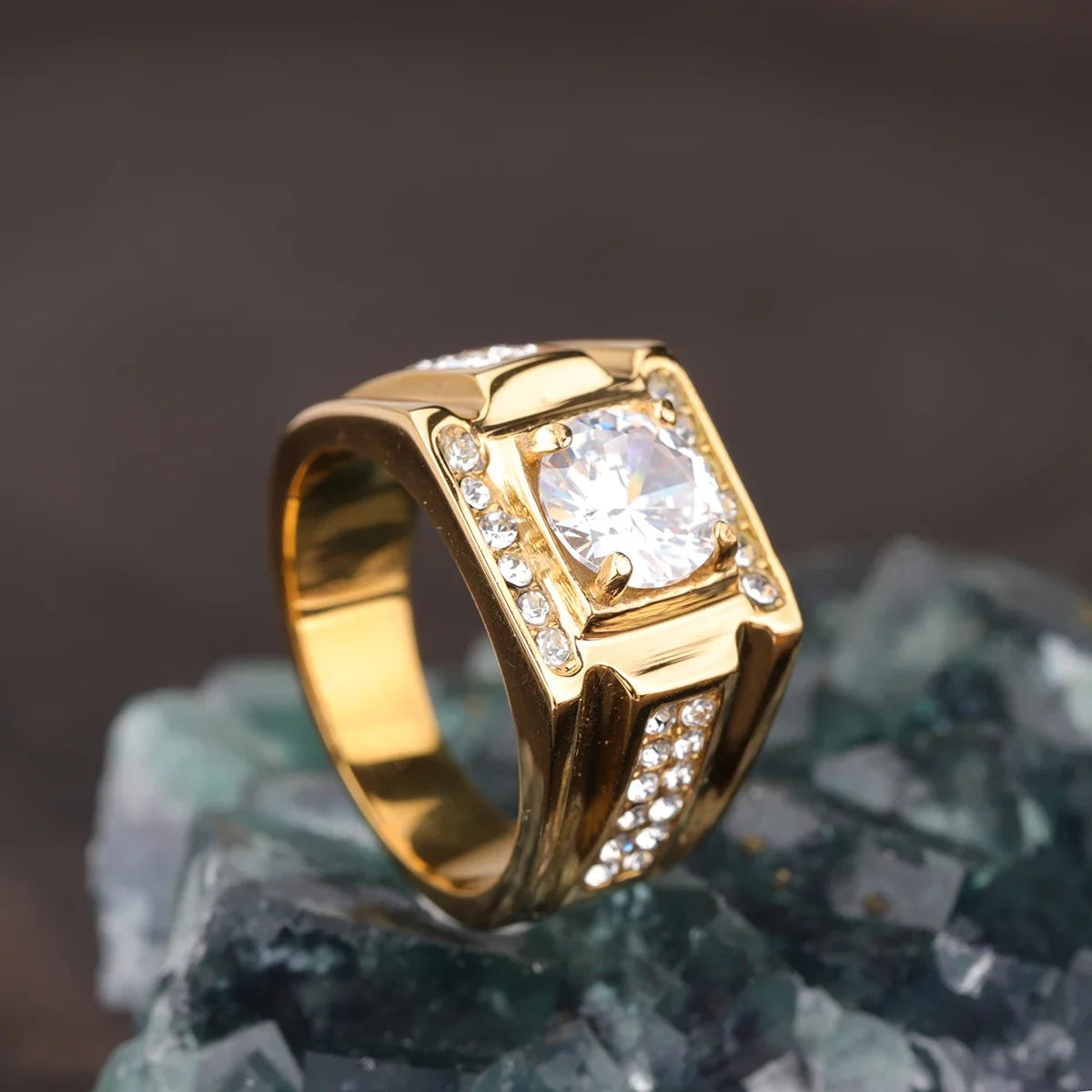 Keisha Lena AAAAA Zircon Men Ring Stainless Steel 18K Gold Plated Engagement Rings For Man Jewelry Waterproof Allergy-Resistant