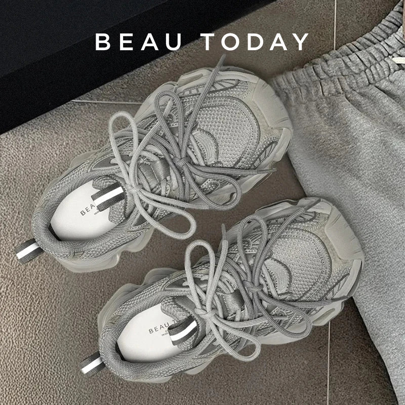 BEAUTODAY Chunky Sneakers Women Synthetic Leather Mesh Round Toe Lace-up Sports Trainers Ladies Patchwork Shoes Handmade 29A51
