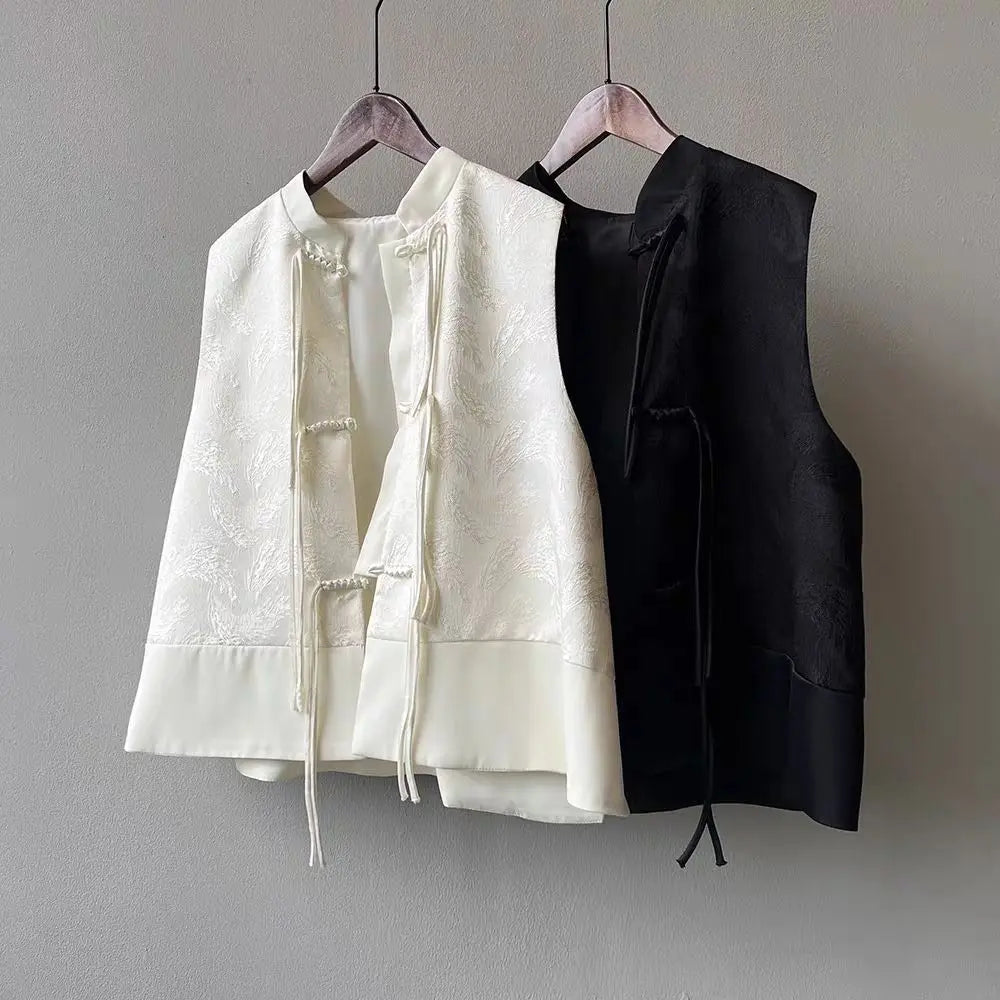 2026 spring new chinese new style plate buckle waistcoat jacket jacquard stand collar sleeveless retro women cheongsam waistcoat