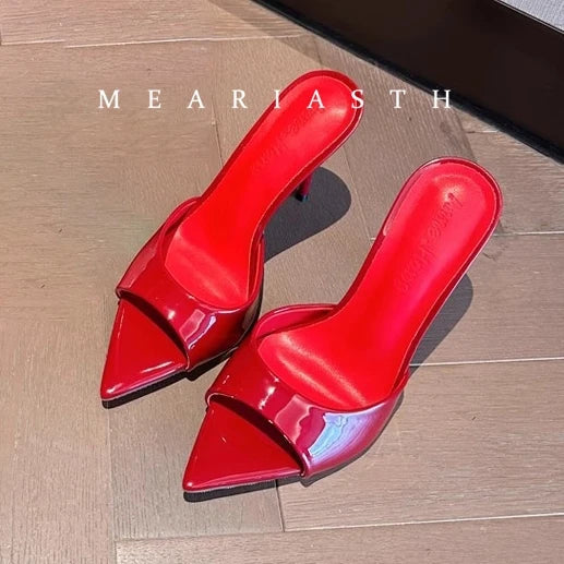 Ladies High-heeled Slippers Shoes Fashion Pointed Sexy Patent Leather Women with Open Toes and Party Wedding Stripper Sandals.