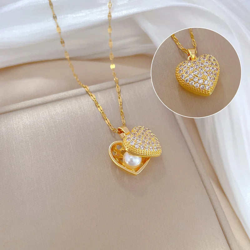 ZAKOL Korean Light Luxury Shell Pearl Necklace For Women Micro Inlaid Zircon Love Heart Moon Choker Wedding Jewelry
