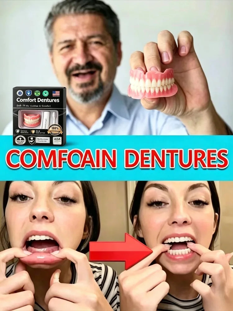 Temporary Adjustable Resin Full Dentures, Natural Bright White Smile, Easy Wear Cosmetic Dental Kit