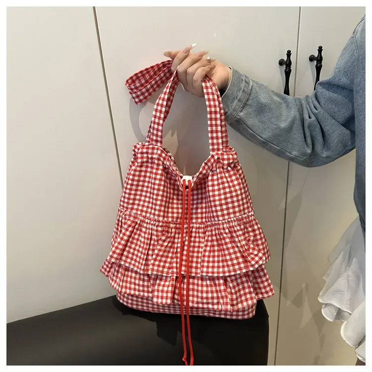Large Capaci Cute Plaid Cotton Tote Bag  Lace Trim Women's Summer 2025 Simple Lady Handbag Soft Shoulder Bags Bolsa Feminina
