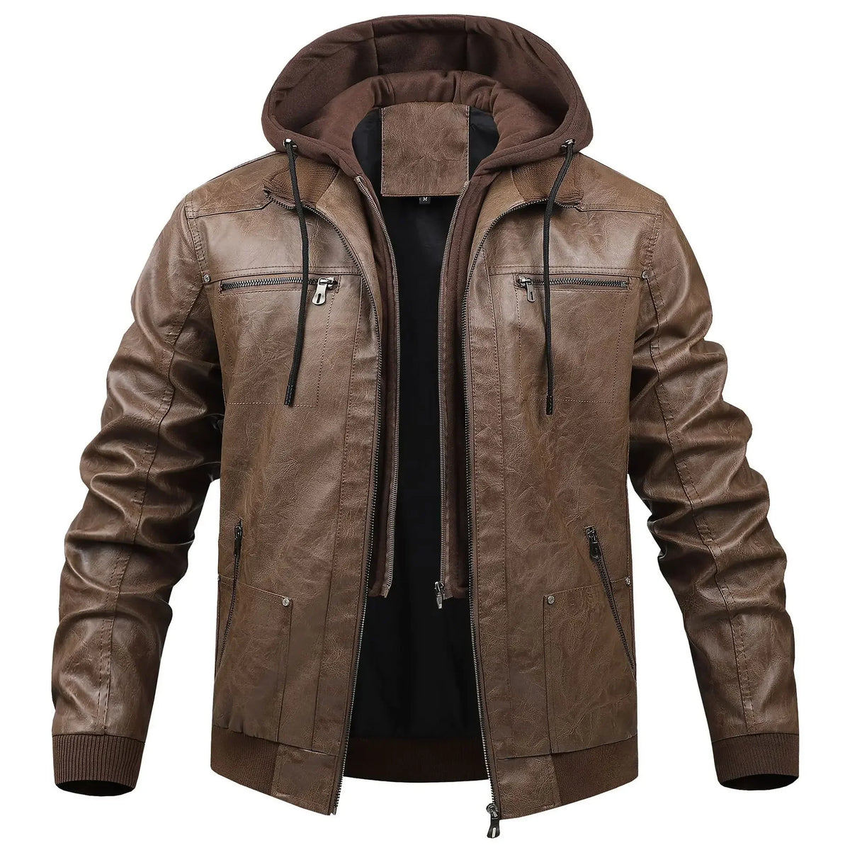 US Size Luxury Quality PU Jacket Men New Winter Faux Two-Piece Hooded Leather Jacket Casual Coat
