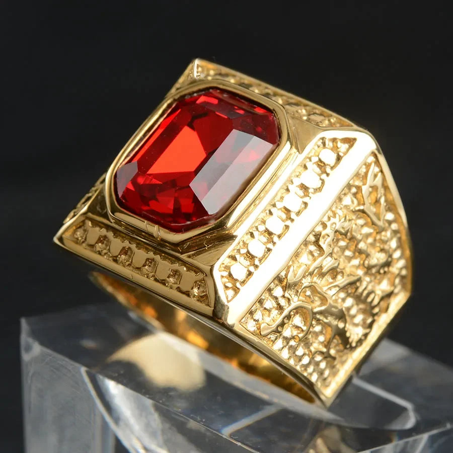 Keisha Lena Gold Plated Titanium Steel Inlay Red Blue Square Stone Men Ring Australian Gem Zirconia Wedding Ring Christmas Gift