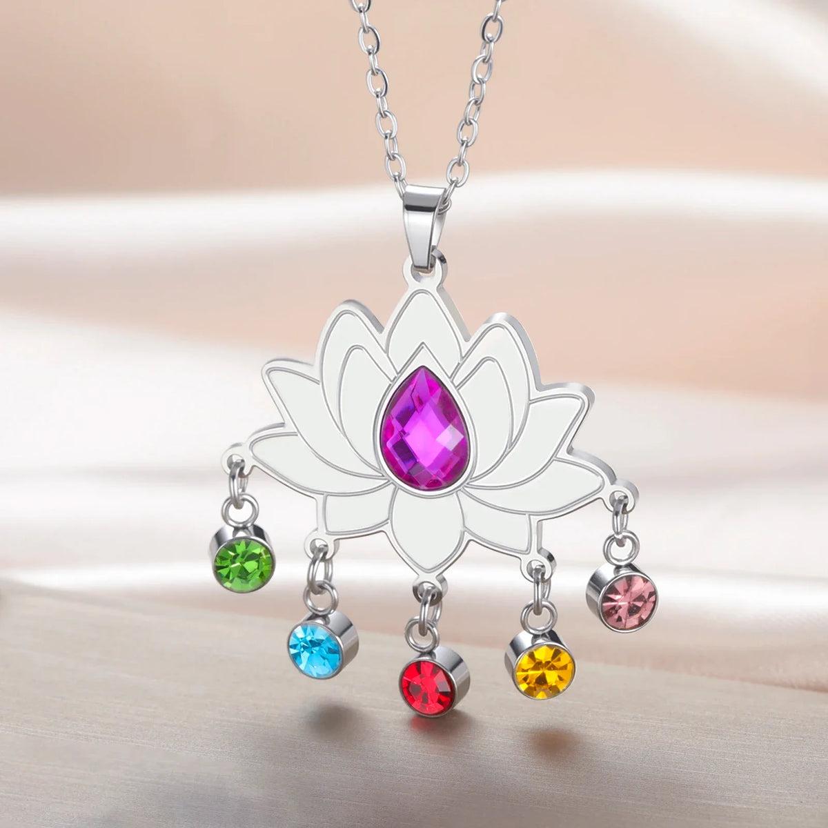 Gold Plated 7 Chakra Lotus Flower Necklace with Om Symbol Spiritual Yoga Jewelry Seven Colorful Zircon Lotus Flower Necklace