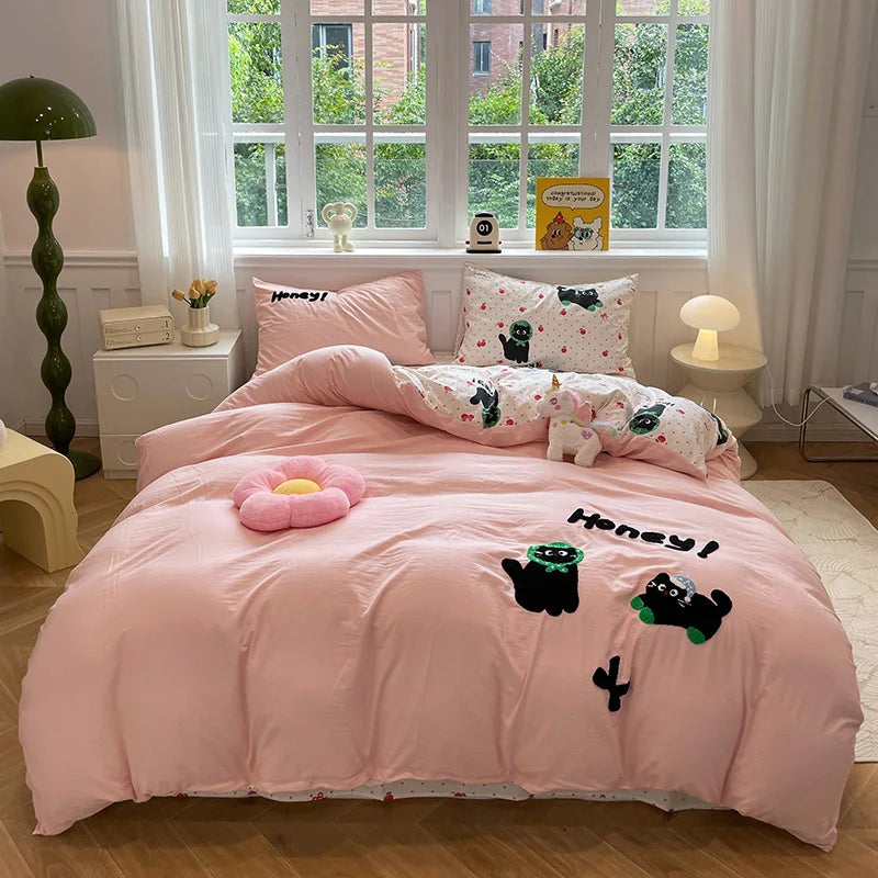 Cute Cat  Bedding Set For adults kids Brown pink Lovely Bed Sheet set With Pillowcases Colorful King Queen Full size