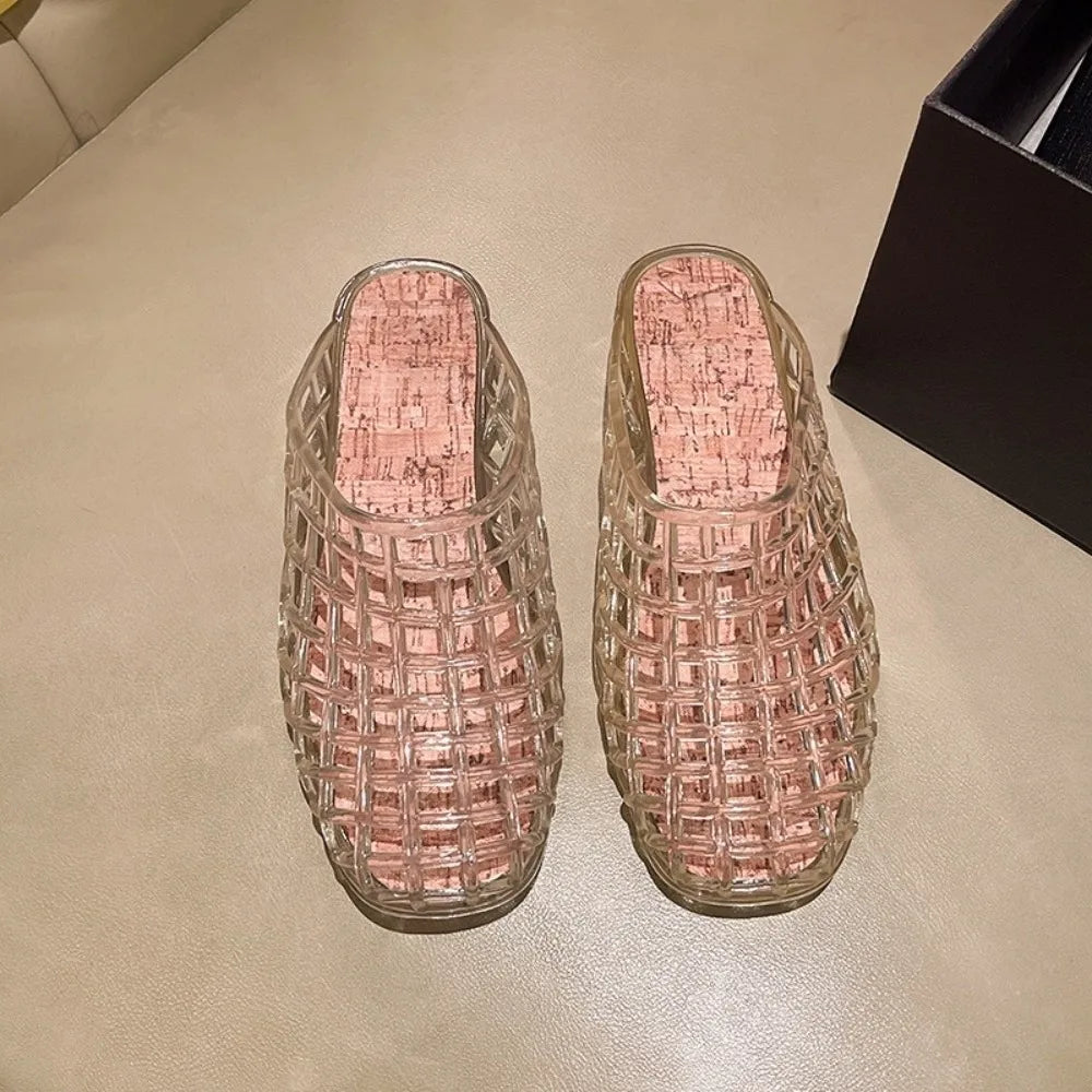 Round Toe PVC Crystal Slippers Non-Slip Soft Fishing Net Jelly Sandals Flat Low Bottom Transparent DIY Shoes Charms Shoes