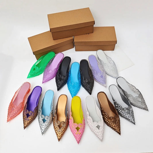 Original Brand Style Women Pointed-toe Crystal High Heel Slippers  Girl Retro Elegance Slippe Ladies Fashion witch Summer Slides