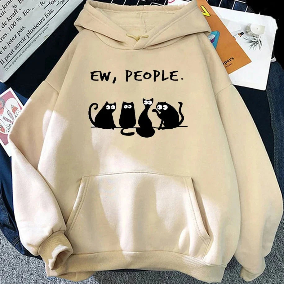 American Vintage 2025 Autumn Winter Woman Hoodies EW PEOPLE Letter Print Top Funny Harajuku Cartoon Black Cat Pattern Clothing