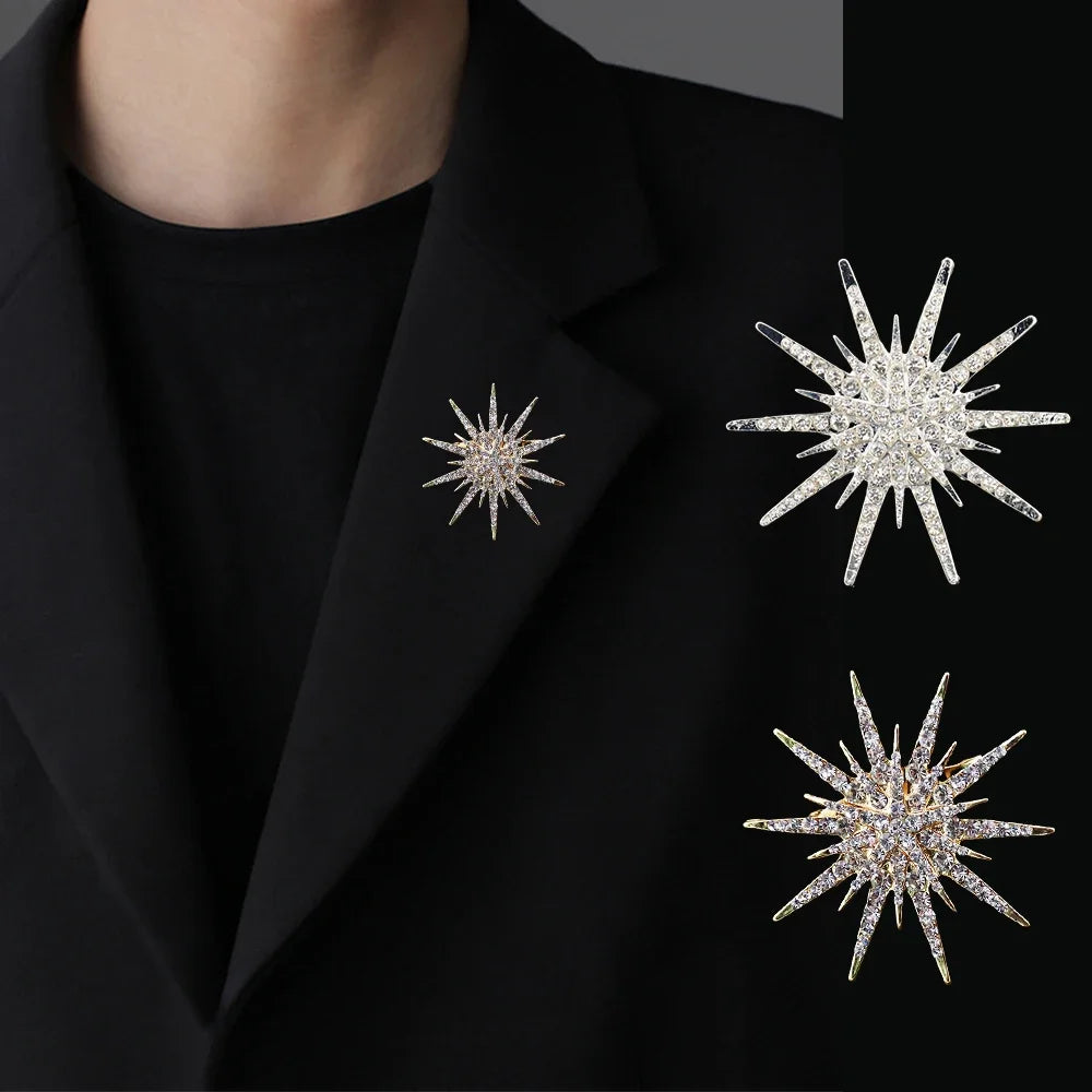 Rhinestone Hexagram Brooches for Women Men Fashion Starburst Metal Lapel Pin Clothes Accessories Office Leisure Jewelry Gift