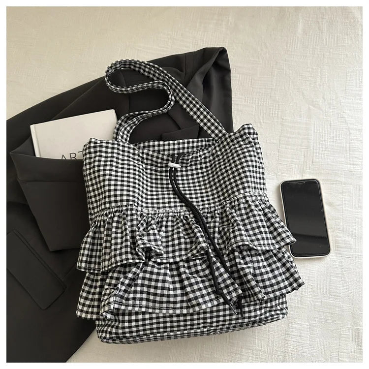 Large Capaci Cute Plaid Cotton Tote Bag  Lace Trim Women's Summer 2025 Simple Lady Handbag Soft Shoulder Bags Bolsa Feminina