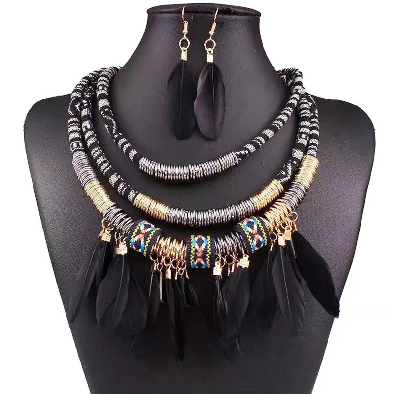 Fashion Vintage Ethnic Feather Choker Necklace Earrings Set For Women Multilayer Nekclace Earrings Jewelry Sets