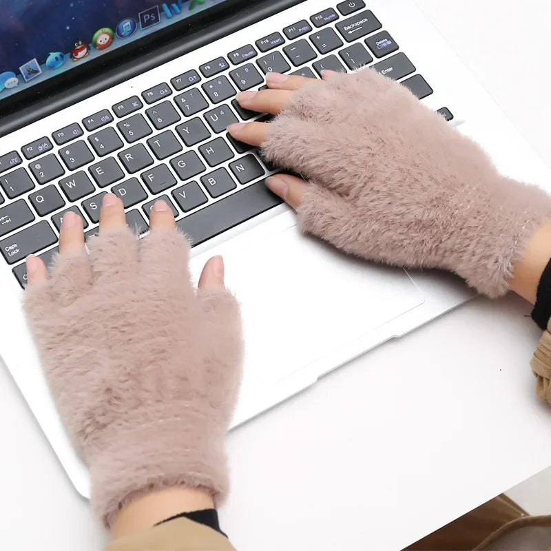 Hot sale! Women's Plush Half Finger Touchscreen Winter Gloves Soft Fashion Warm Imitation Mink Cashmere for Driving, winter work