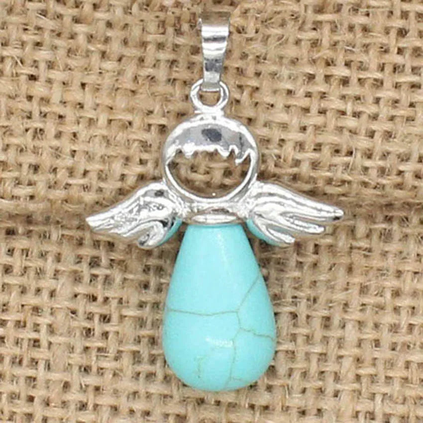 Angel Wing Crystal Stone Pendants For Women Necklace DIY Natural Amethyst Rose Quartz Water Drop Necklace Jewelry No Chain