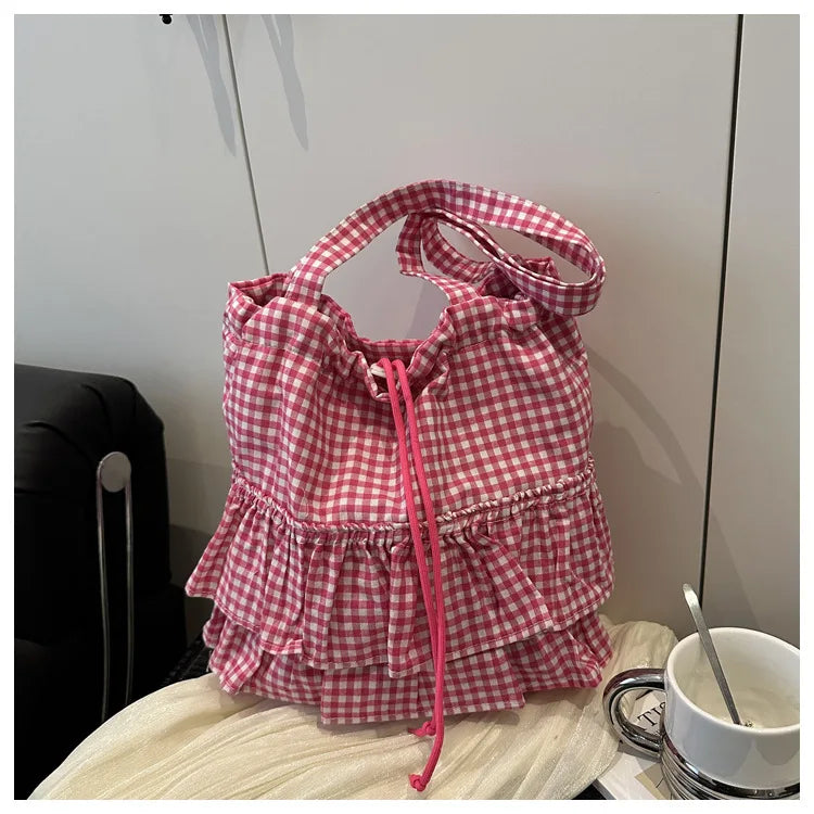 Large Capaci Cute Plaid Cotton Tote Bag  Lace Trim Women's Summer 2025 Simple Lady Handbag Soft Shoulder Bags Bolsa Feminina