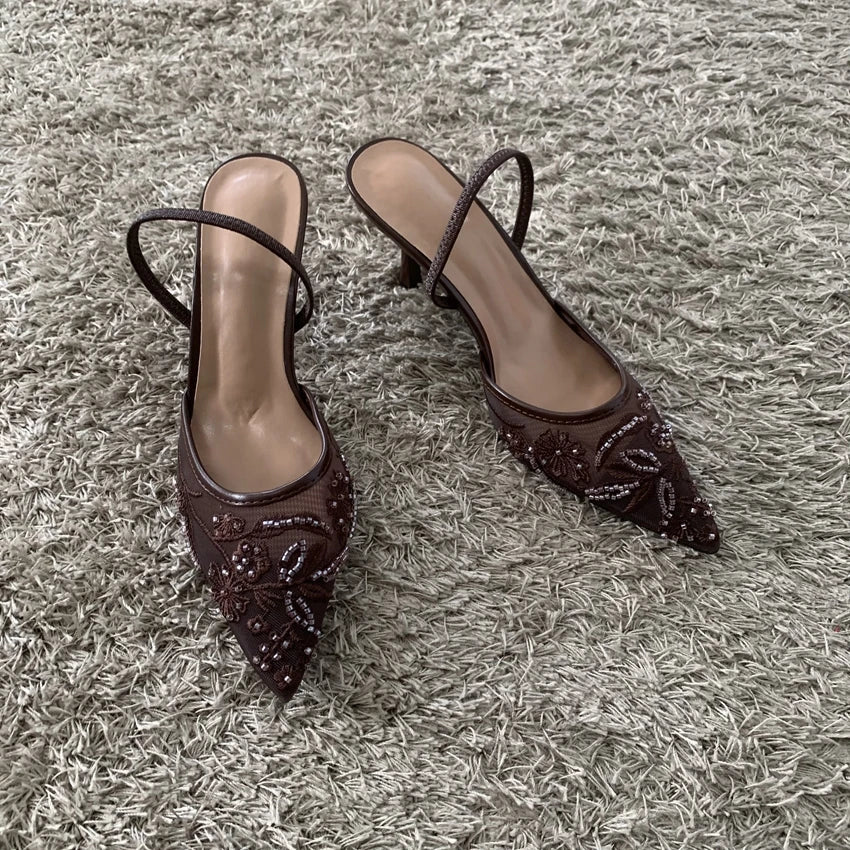 2026 String Bead Mesh Embroider Slingback High Heels Women Sexy Pointed Toe Heeled Sandals Summer Elegant Luxury Designer Shoes