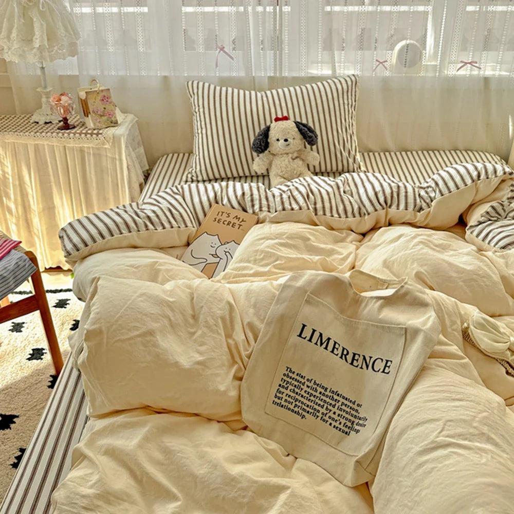 Ins Style Stripes Bedding Duvet Cover Set with Pillowcase bed sheet Full Size Bed Linen Quilt Cover Set Queen/King Double Single