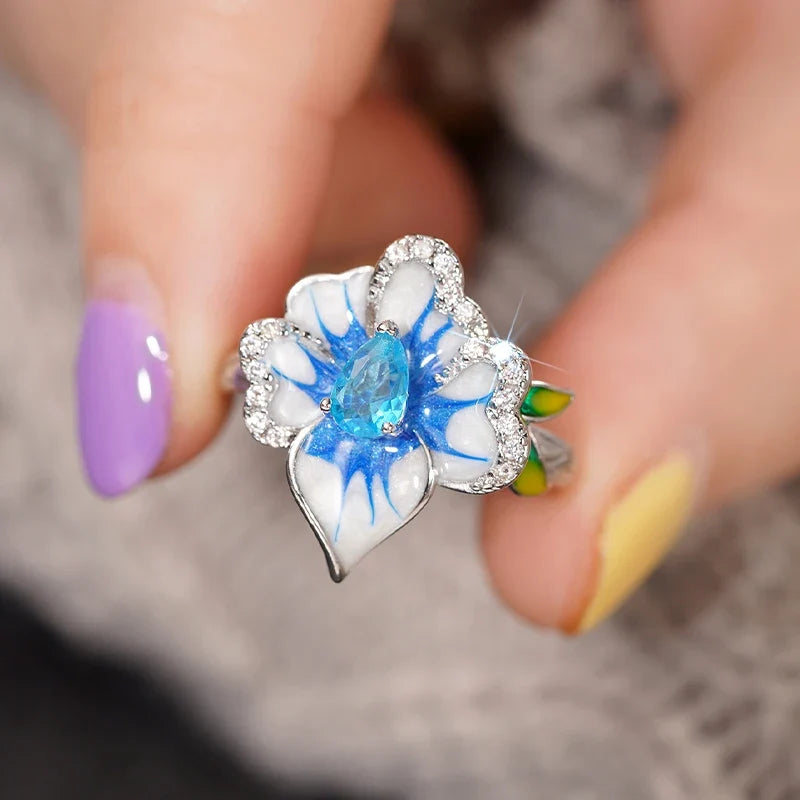 Huitan Gorgeous Creative Rings with Blue Flower Designed Elegant Temperament Party Jewelry for Women Delicate Finger Accessories