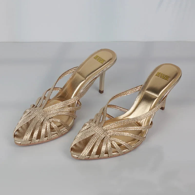 New Gold Hollow Thin Strip Heels for Women Luxury Pointed Toe Heeled Pumps Office Lady Mules Summer Stiletto Shoe Sandals 2025