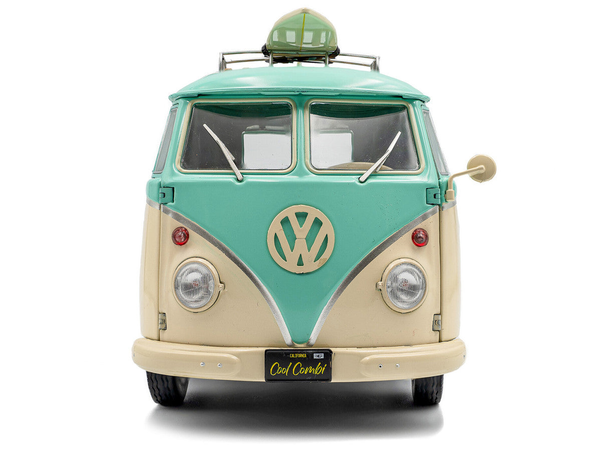 2024 Volkswagen Cool Combi Van with Trailer "Long Beach Surfing Club" Mint Green and Cream with Roof Rack and Surfboard 1/18 Diecast Model Car by Solido