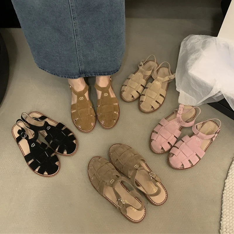DIMANYU Women's Roman Sandals 2026 Summer New Flat Retro Real Leather Ladies Sandals Hollowed Women's Cage Shoes