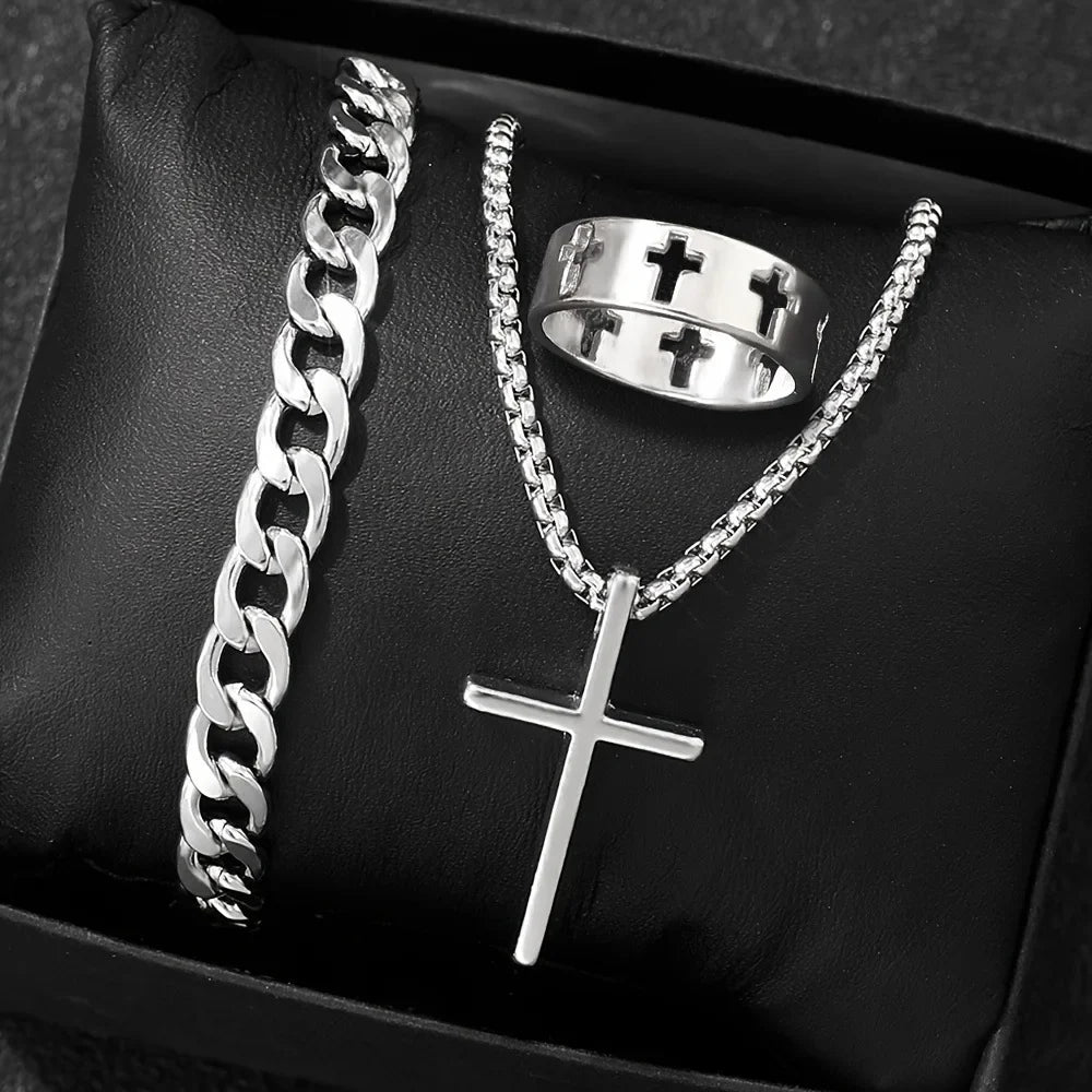 Cross-Style Accessories Set Bracelet Necklace Ring 3 Pieces Stainless Steel Elegant Suitable Both Men Women Fashionable Gift Set