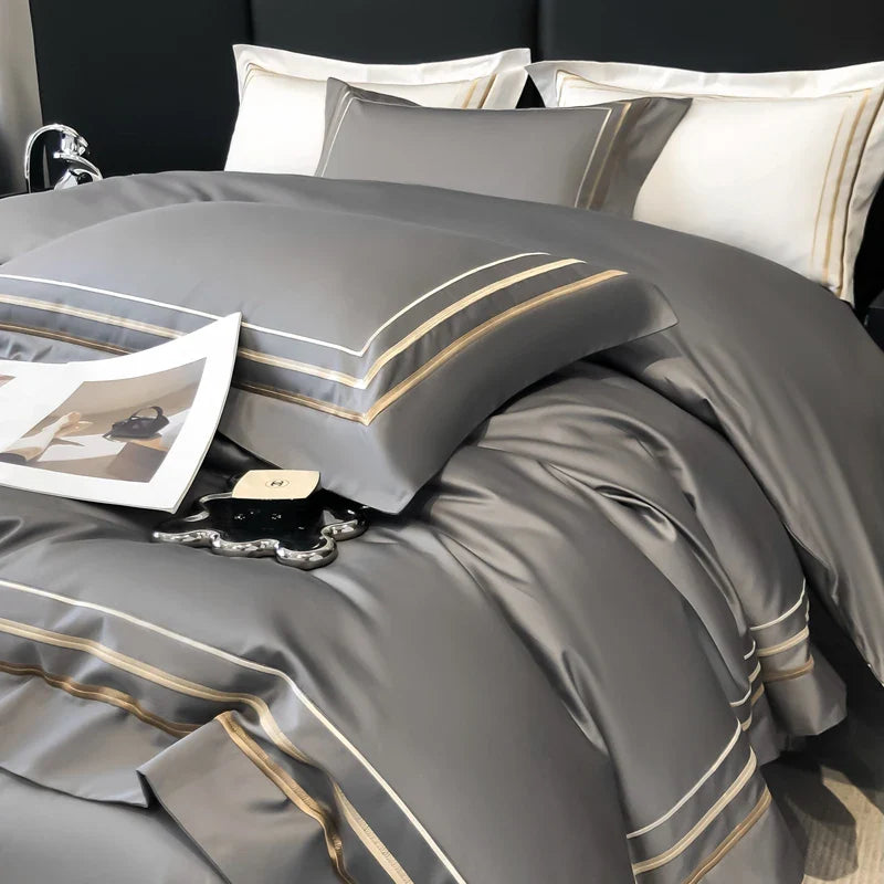 Hotel Style Bedding Set Luxury Golden Embroidery Duvet Cover Grey Egyptian Cotton Bed Sheets Pillowcases Solid Color Bedclothes