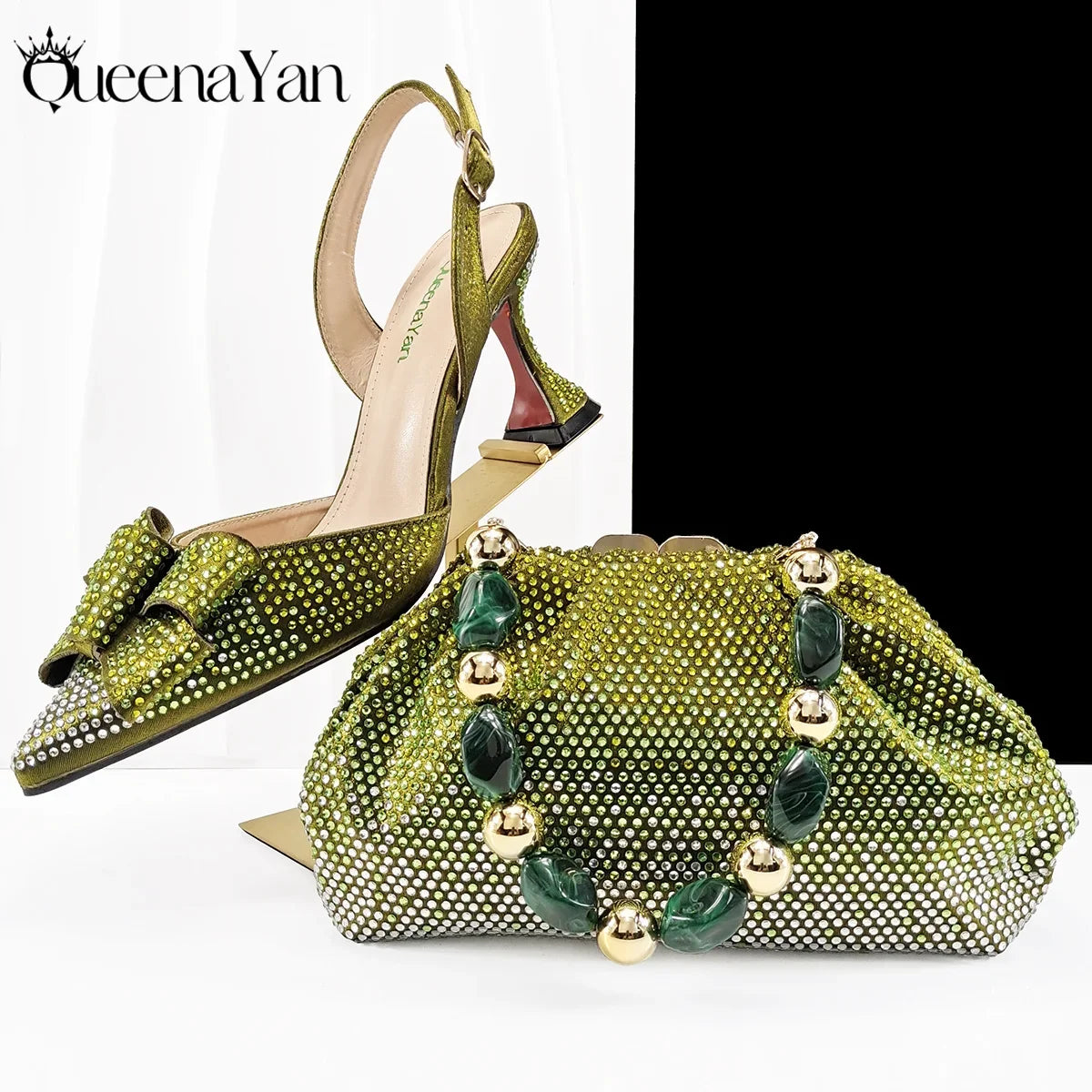 Queena Yan Newest Full of Rhinestone Design Olive Color Lady Sheos and Metal Bead-Embellished Handbag Set for Parrt Wedding