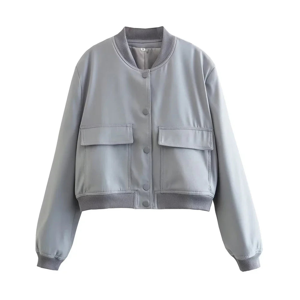 Women Fashion With Pockets Bomber Jacket Coats Vintage Long Sleeve Front Button Casual Female Outerwear Chic Tops