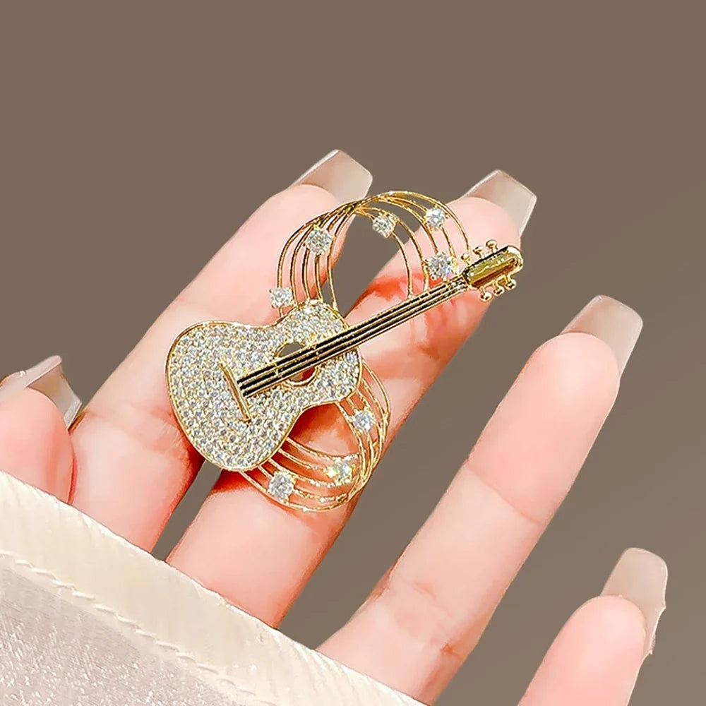 Trendy Guitar Brooch Shining Rhinestones New Unique High-end Design Creative Elegance Brooch Chest Flower Party Delicate Jewelry