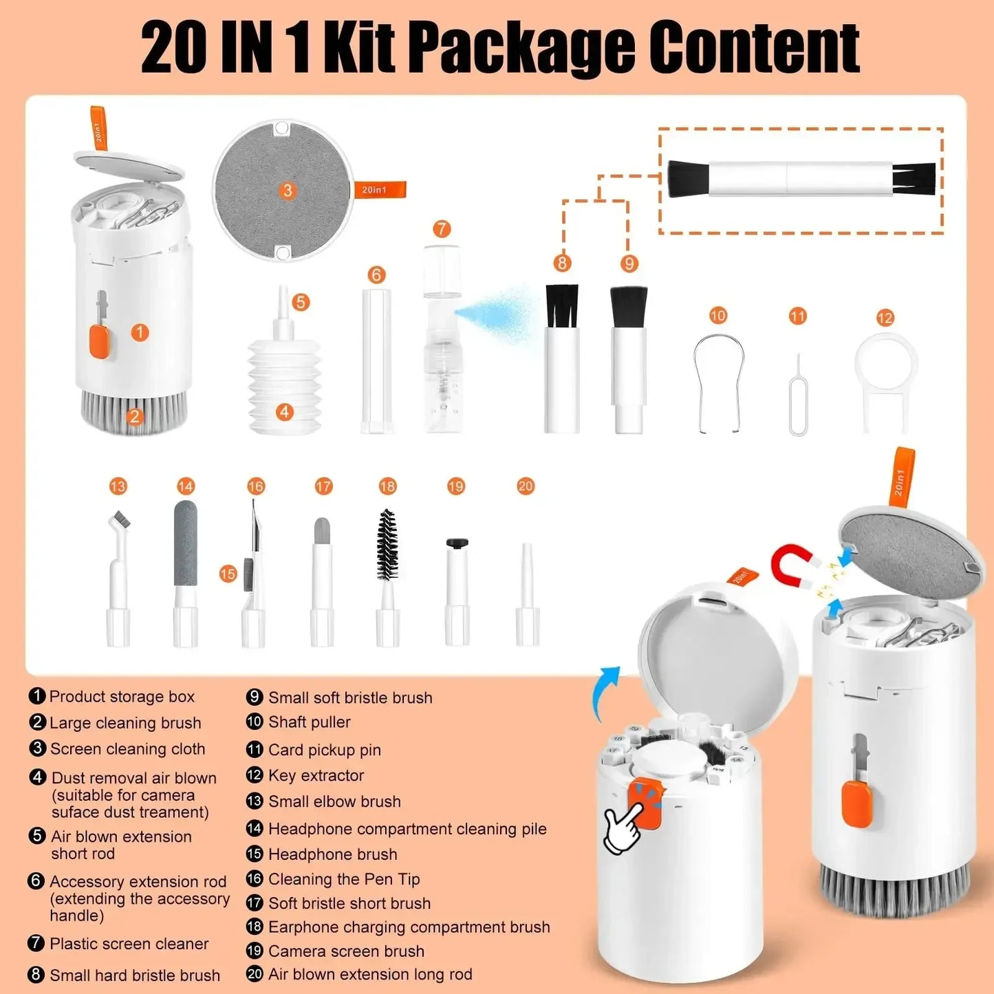 Multifunctional 20-in-1 Cleaner Kit Earphones Cleaning Pen brush Screen Cleaner Computer Keyboard Brush Keycap Puller