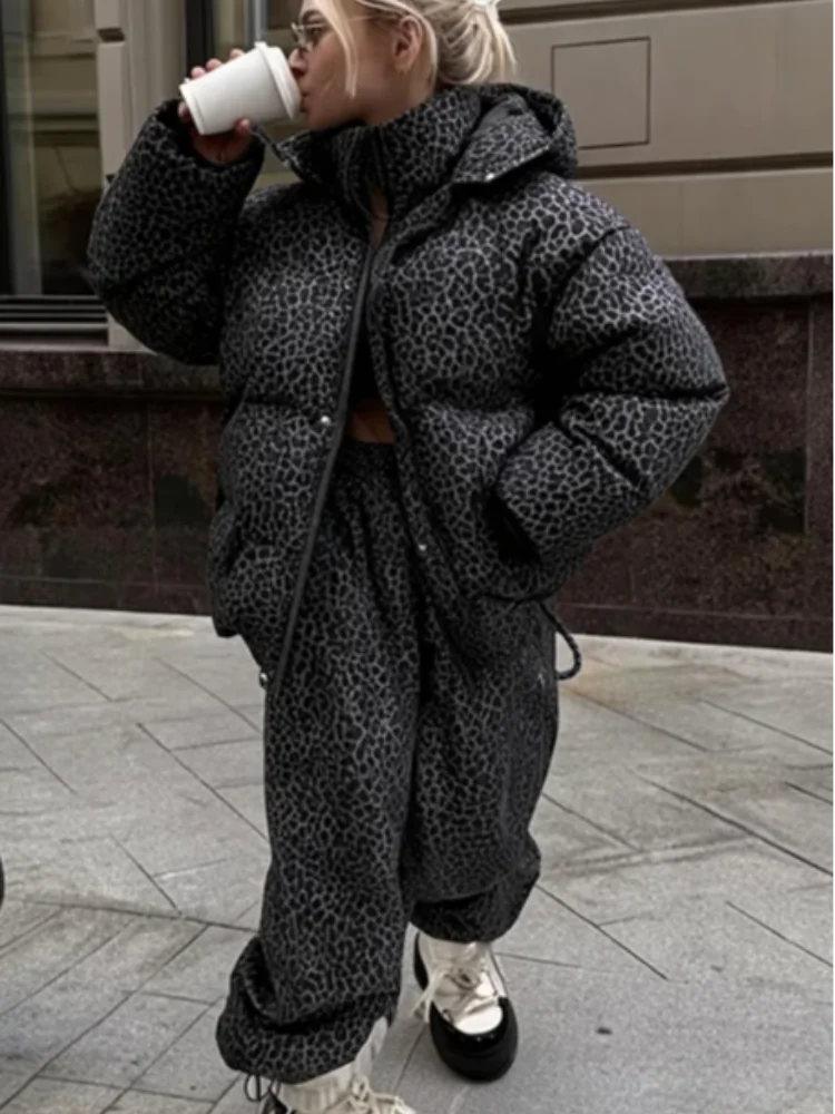 Chic Leopard Hooded Puffer Coat Set Women Quilted Full Sleeve Zip Jacket Wide Leg Pants 2026 New Lady Winter Thicken Warm Outfit