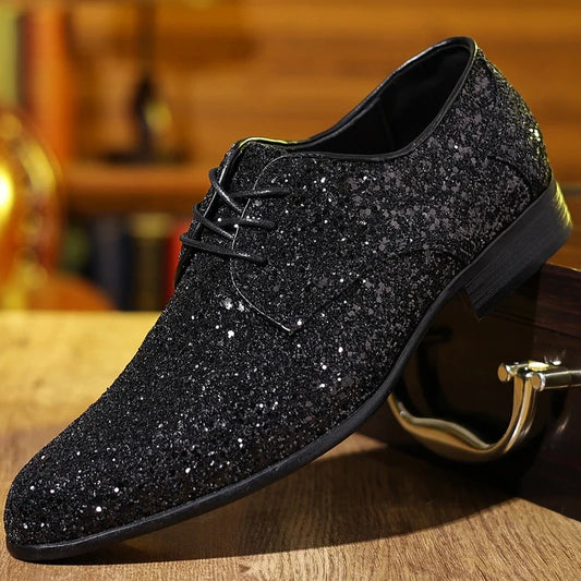 Luxury Men Dress Shoes Gold Silver Sequin Wedding Shoes High Quality Lace-Up  Oxford Shoes Fashion Designer Men Flats Large Size
