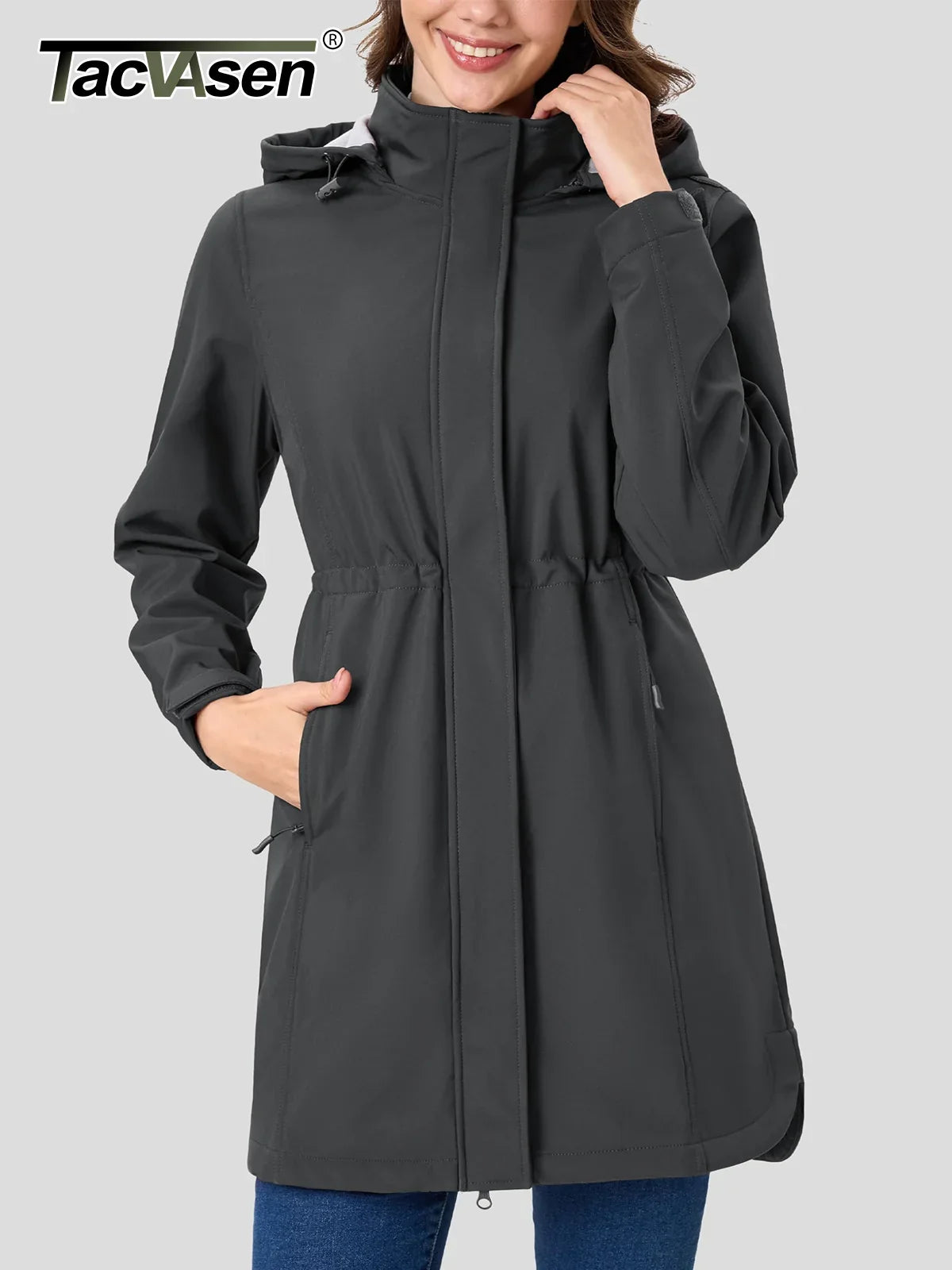 TACVASEN Women's Long Hooded Jacket Fleece Lined Softshell Jacket Waterproof Windproof Hiking Jacket Rain Coat Windbreaker Parka