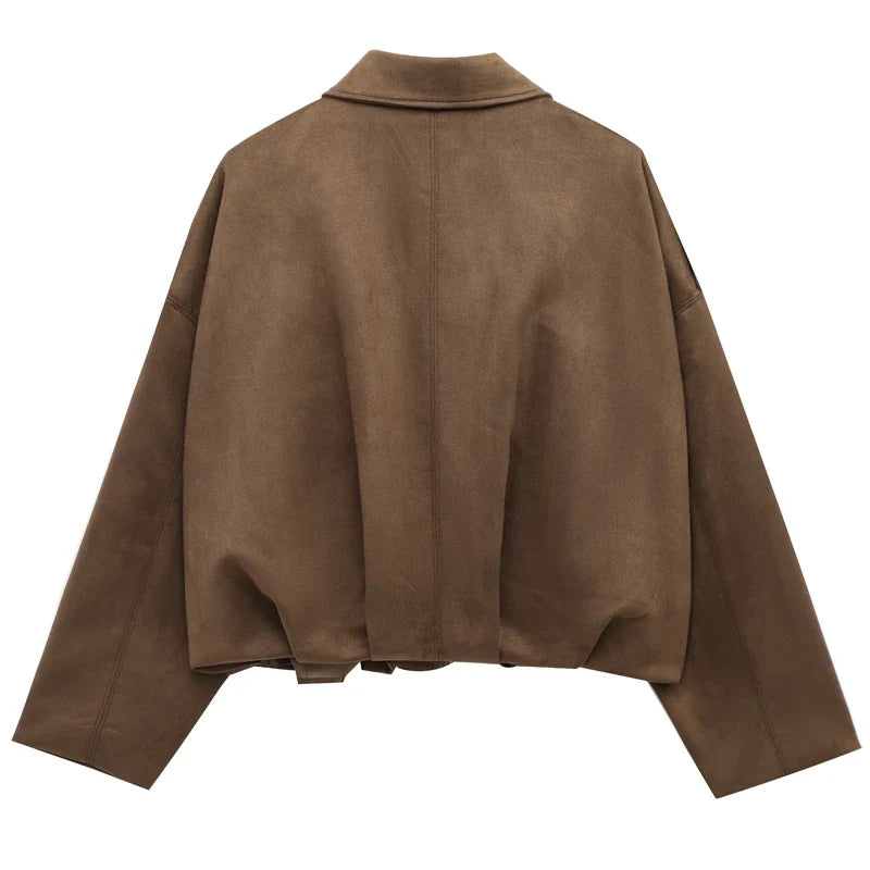HXAO Women's Bomber Jacket Lapel Long Sleeve Zipper Suede Jacket Women 2025 High Street Cropped Racing Jackets Coats Outerwears